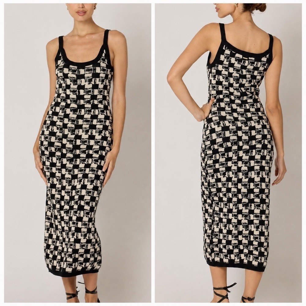 NEW Cleobella Payton Midi Dress Biarritz Black/Ivory Check Knit Sleeveless Small